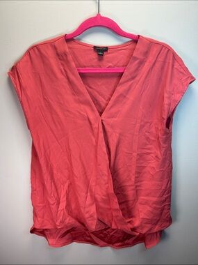 Ann Taylor Coral Pink V-Neck Draped Cap Sleeve Blouse
